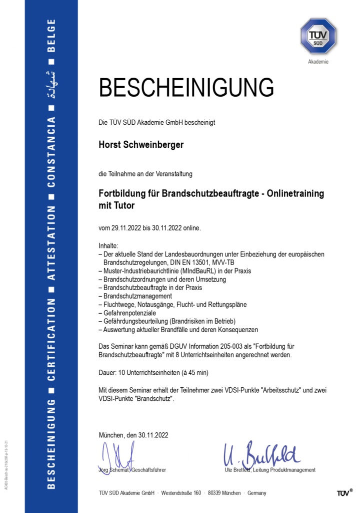 Bescheinigung Zertifikate TÜV Fortbildung Brandschutzbeauftragter 2022
