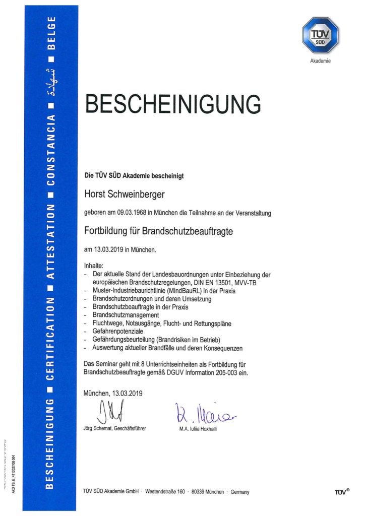 Bescheinigung Zertifikate TÜV Fortbildung Brandschutzbeauftragter 2019