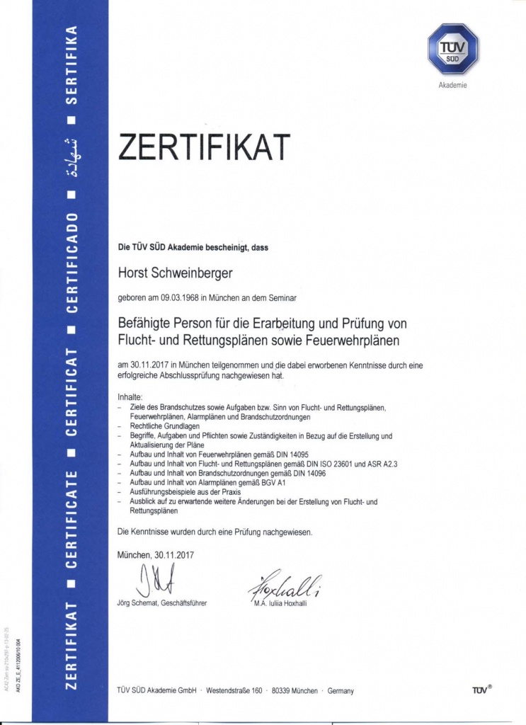 Zertifikat - Befähigte Person für die Erarbeitung und Prüfung von Flucht- und Rettungsplänen sowie Feuerwehrplänen (2017) - Zertifikate